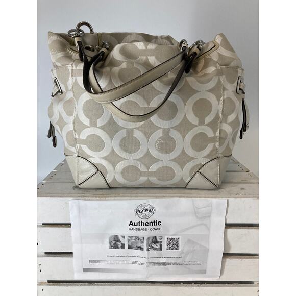 COACH 14578 LARGE IVORY, TAN SIGNATURE PRINT SHOULDER BAG - Picture 1 of 16